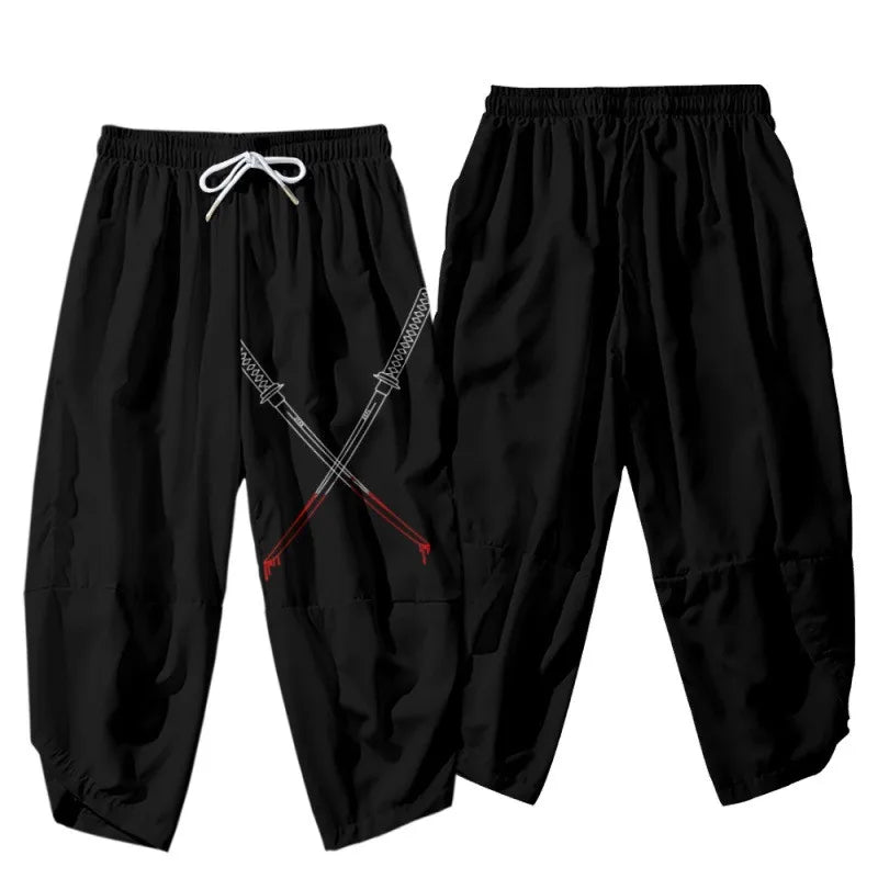Pantalones tipo harem japoneses para hombre, negros, con estampado de dragón chino de dibujos animados, cintura elástica, estilo kimono, cortos, estilo urbano