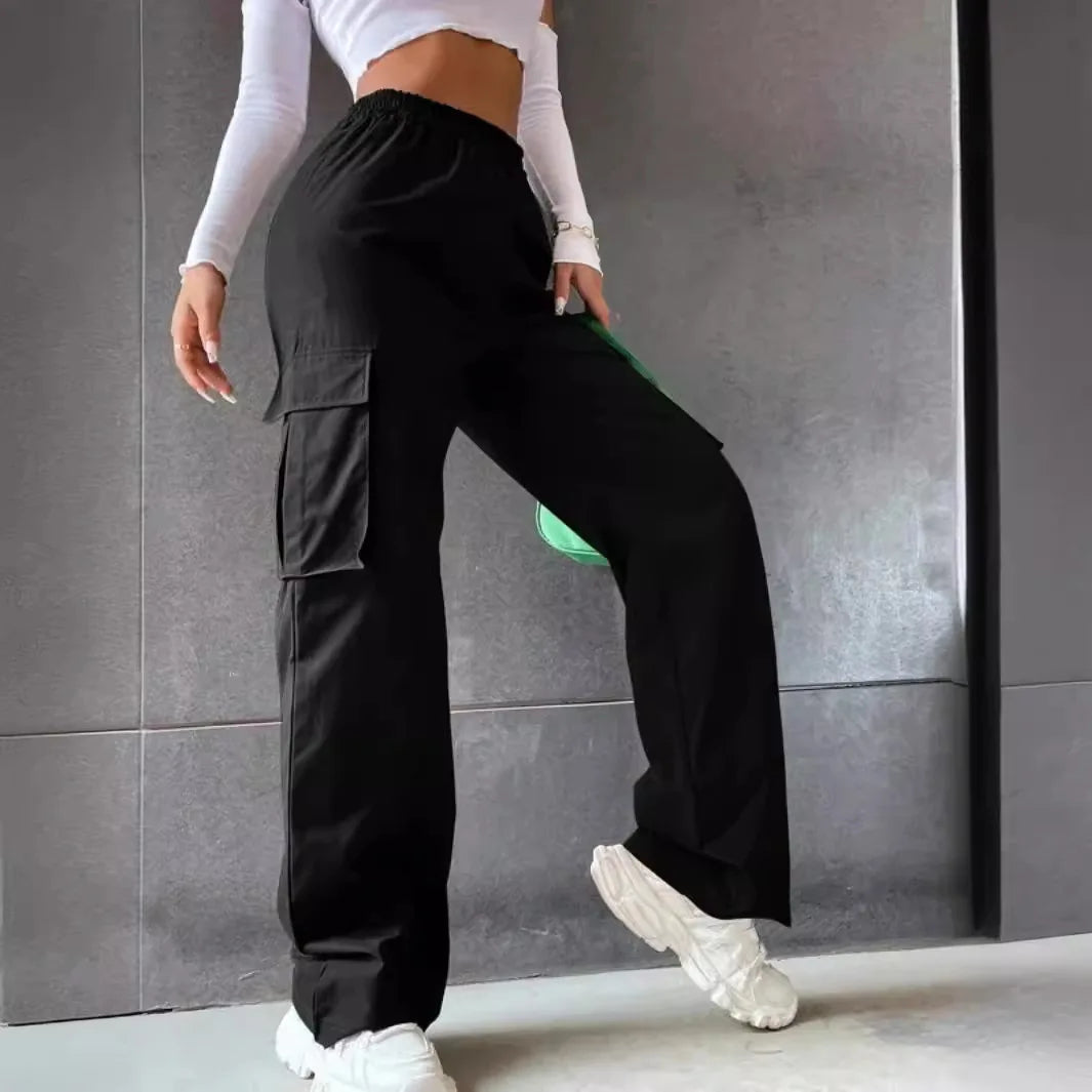 Pantalones deportivos holgados para mujer, estilo casual y elegante, ideales para el día a día. Pantalón cargo recto de cintura alta elástica, corte oversize.