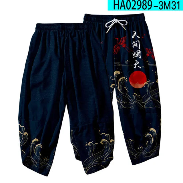 Pantalones tipo harem japoneses para hombre, negros, con estampado de dragón chino de dibujos animados, cintura elástica, estilo kimono, cortos, estilo urbano