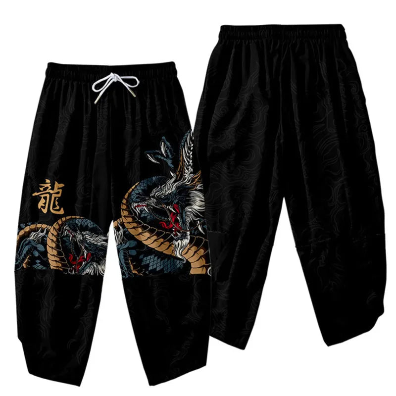 Pantalones tipo harem japoneses para hombre, negros, con estampado de dragón chino de dibujos animados, cintura elástica, estilo kimono, cortos, estilo urbano