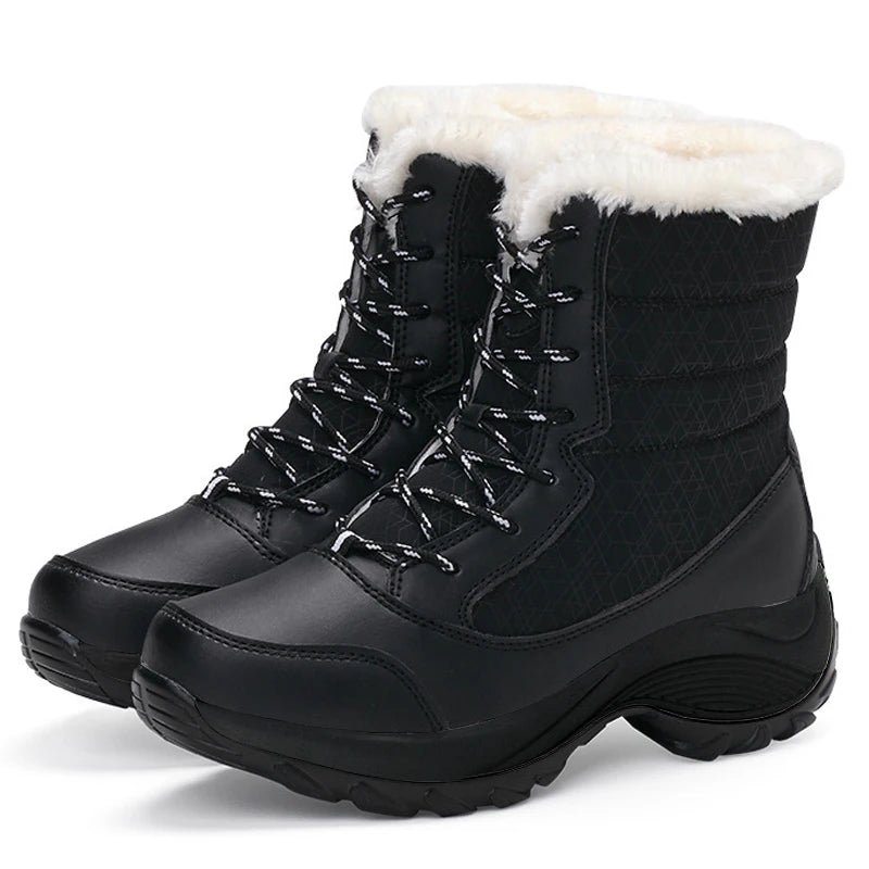 Botas de nieve para mujer, botas de plataforma antideslizantes, zapatos de invierno para mujer, botines cálidos de piel sintética hasta el muslo, botas altas con cuña impermeables