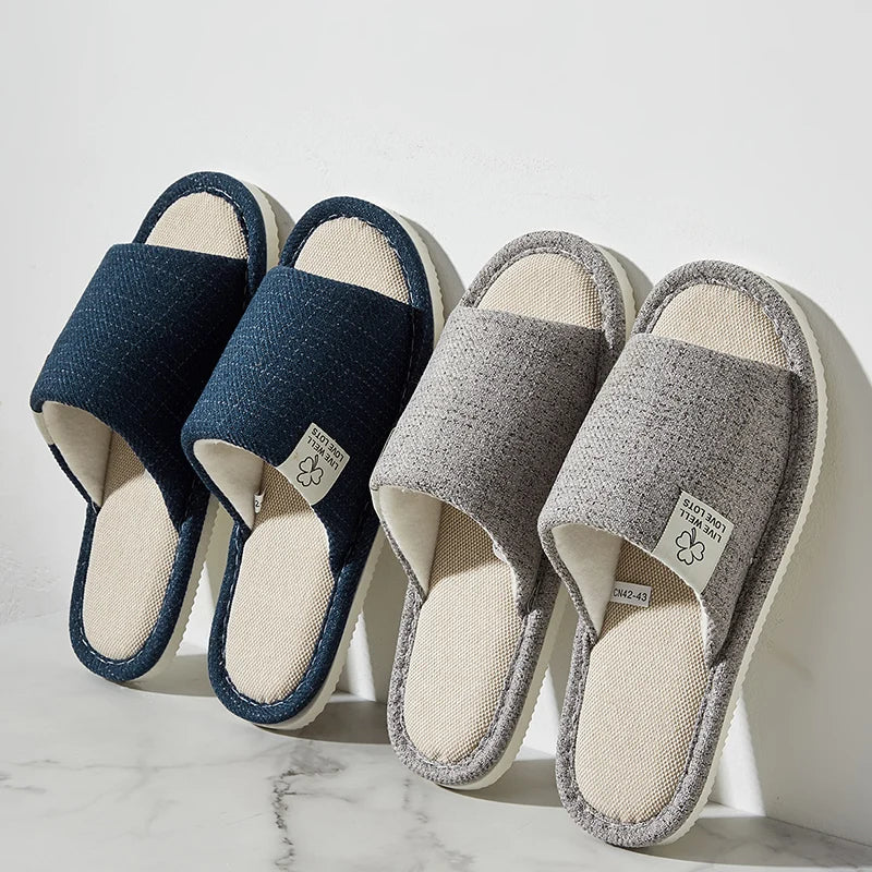 Pantuflas de lino para hombre, ideales para primavera y otoño. Cómodas pantuflas transpirables con punta abierta para estar en casa. Calzado unisex de verano.