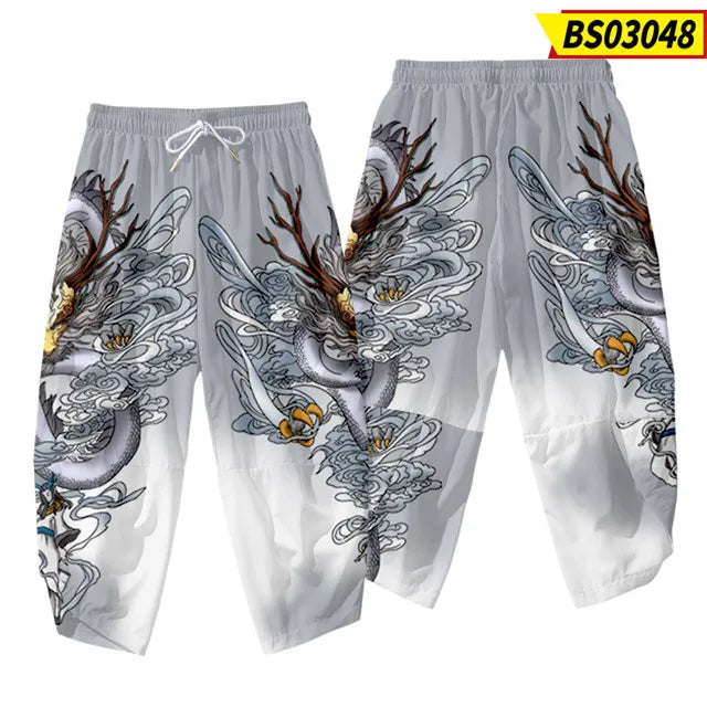 Pantalones tipo harem japoneses para hombre, negros, con estampado de dragón chino de dibujos animados, cintura elástica, estilo kimono, cortos, estilo urbano