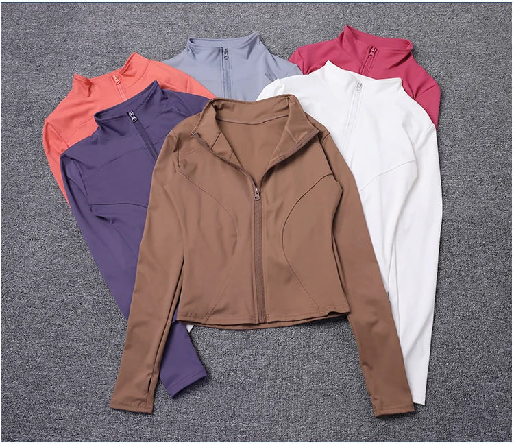 Chaqueta deportiva de manga larga para mujer, ideal para entrenar en el gimnasio o practicar yoga.