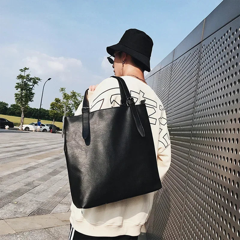 Bolso tote de piel suave para hombre, estilo japonés y coreano, informal de negocios, bolso de mano urbano de gran capacidad con cremallera para portátil.