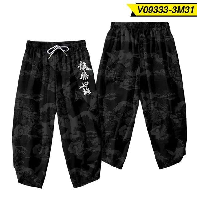 Pantalones tipo harem japoneses para hombre, negros, con estampado de dragón chino de dibujos animados, cintura elástica, estilo kimono, cortos, estilo urbano