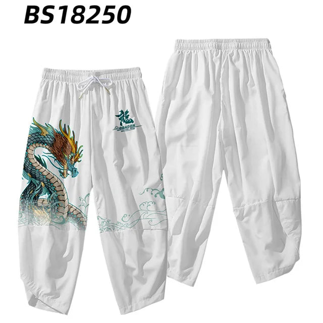Pantalones tipo harem japoneses para hombre, negros, con estampado de dragón chino de dibujos animados, cintura elástica, estilo kimono, cortos, estilo urbano