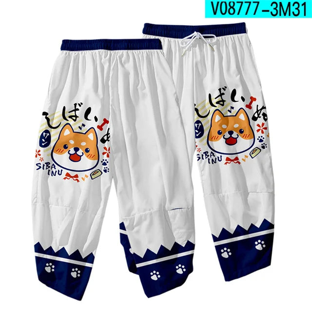 Pantalones tipo harem japoneses para hombre, negros, con estampado de dragón chino de dibujos animados, cintura elástica, estilo kimono, cortos, estilo urbano