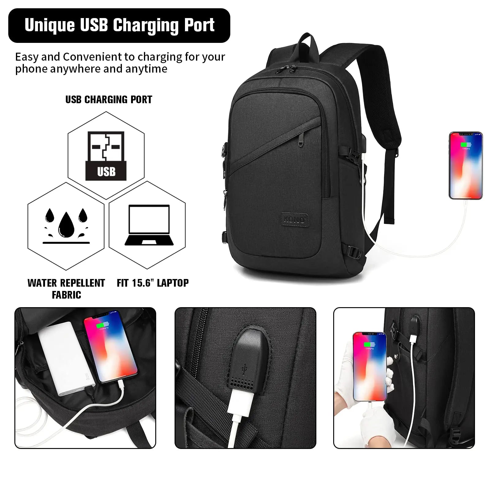 Mochila antirrobo para portátil Kono - Mochila de 15,6 pulgadas para hombre y mujer - Puerto de carga USB, ideal para viajes, negocios, trabajo y uso ligero.