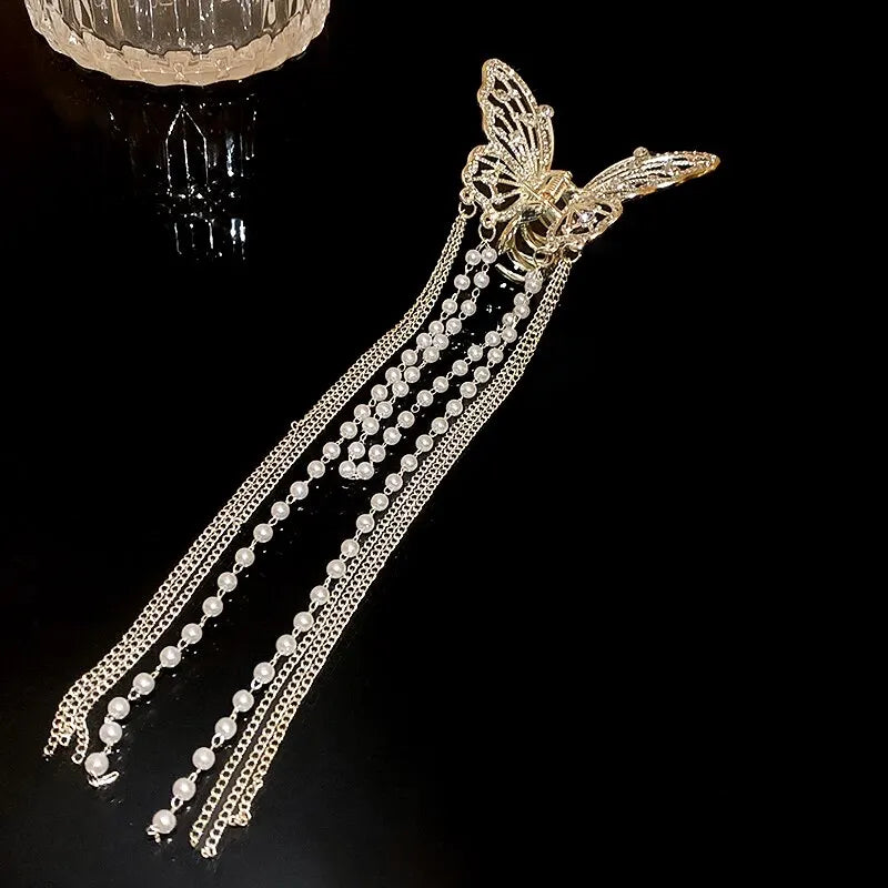 Pinza para el cabello con forma de mariposa y borla larga. Accesorios para el cabello elegantes para mujer. Horquillas con forma de tiburón, con perlas de imitación y diamantes de imitación.