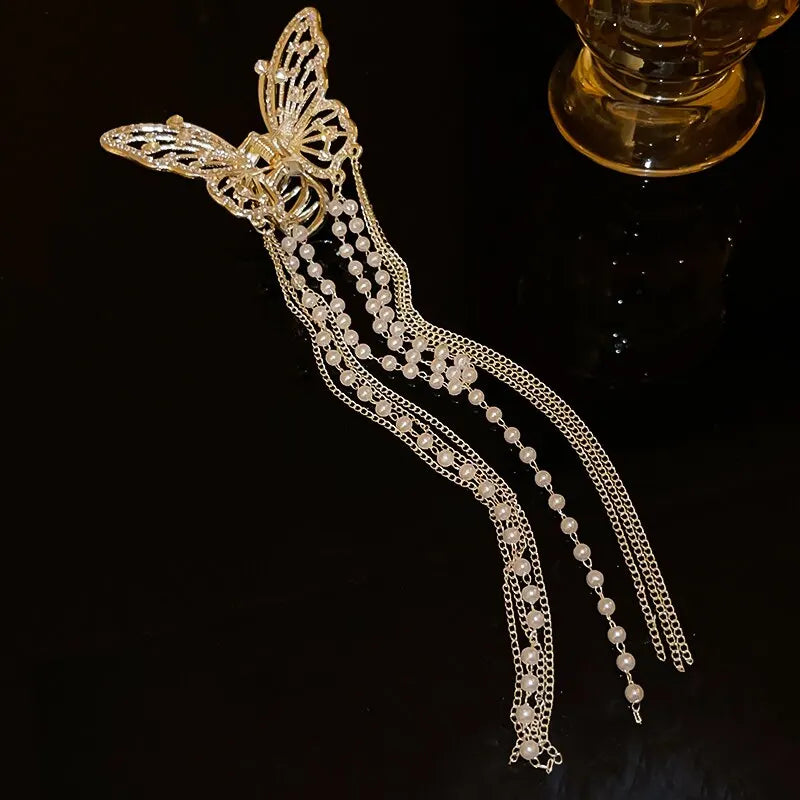 Pinza para el cabello con forma de mariposa y borla larga. Accesorios para el cabello elegantes para mujer. Horquillas con forma de tiburón, con perlas de imitación y diamantes de imitación.