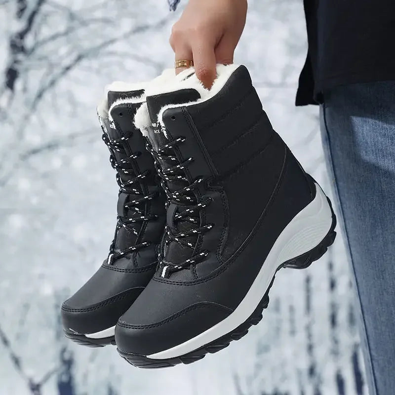 Botas de nieve para mujer, botas de plataforma antideslizantes, zapatos de invierno para mujer, botines cálidos de piel sintética hasta el muslo, botas altas con cuña impermeables