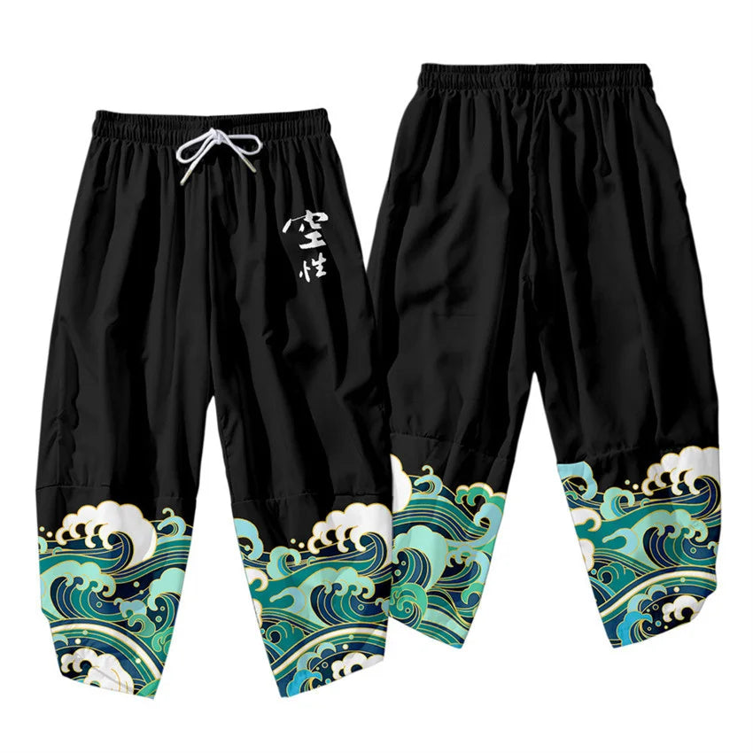 Pantalones tipo harem japoneses para hombre, negros, con estampado de dragón chino de dibujos animados, cintura elástica, estilo kimono, cortos, estilo urbano
