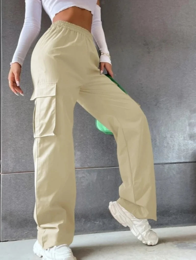 Pantalones deportivos holgados para mujer, estilo casual y elegante, ideales para el día a día. Pantalón cargo recto de cintura alta elástica, corte oversize.