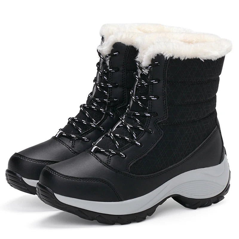 Botas de nieve para mujer, botas de plataforma antideslizantes, zapatos de invierno para mujer, botines cálidos de piel sintética hasta el muslo, botas altas con cuña impermeables