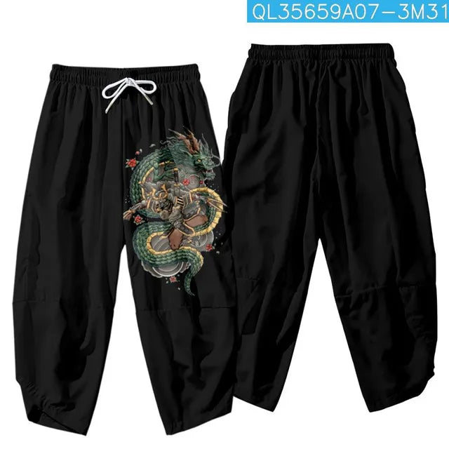 Pantalones tipo harem japoneses para hombre, negros, con estampado de dragón chino de dibujos animados, cintura elástica, estilo kimono, cortos, estilo urbano