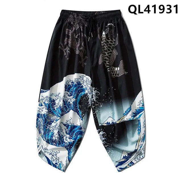 Pantalones tipo harem japoneses para hombre, negros, con estampado de dragón chino de dibujos animados, cintura elástica, estilo kimono, cortos, estilo urbano