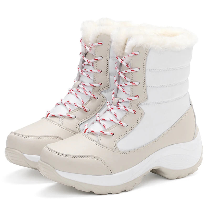 Botas de nieve para mujer, botas de plataforma antideslizantes, zapatos de invierno para mujer, botines cálidos de piel sintética hasta el muslo, botas altas con cuña impermeables