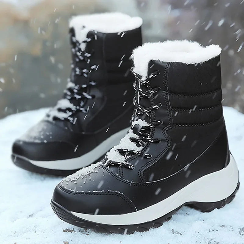 Botas de nieve para mujer, botas de plataforma antideslizantes, zapatos de invierno para mujer, botines cálidos de piel sintética hasta el muslo, botas altas con cuña impermeables