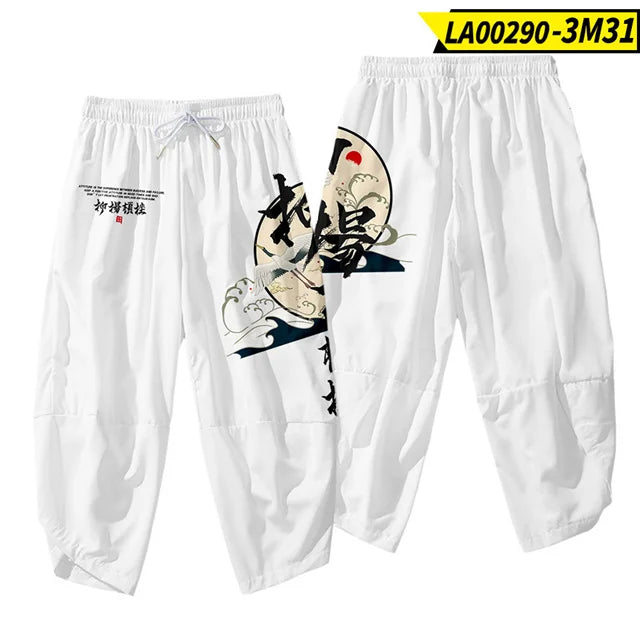 Pantalones tipo harem japoneses para hombre, negros, con estampado de dragón chino de dibujos animados, cintura elástica, estilo kimono, cortos, estilo urbano