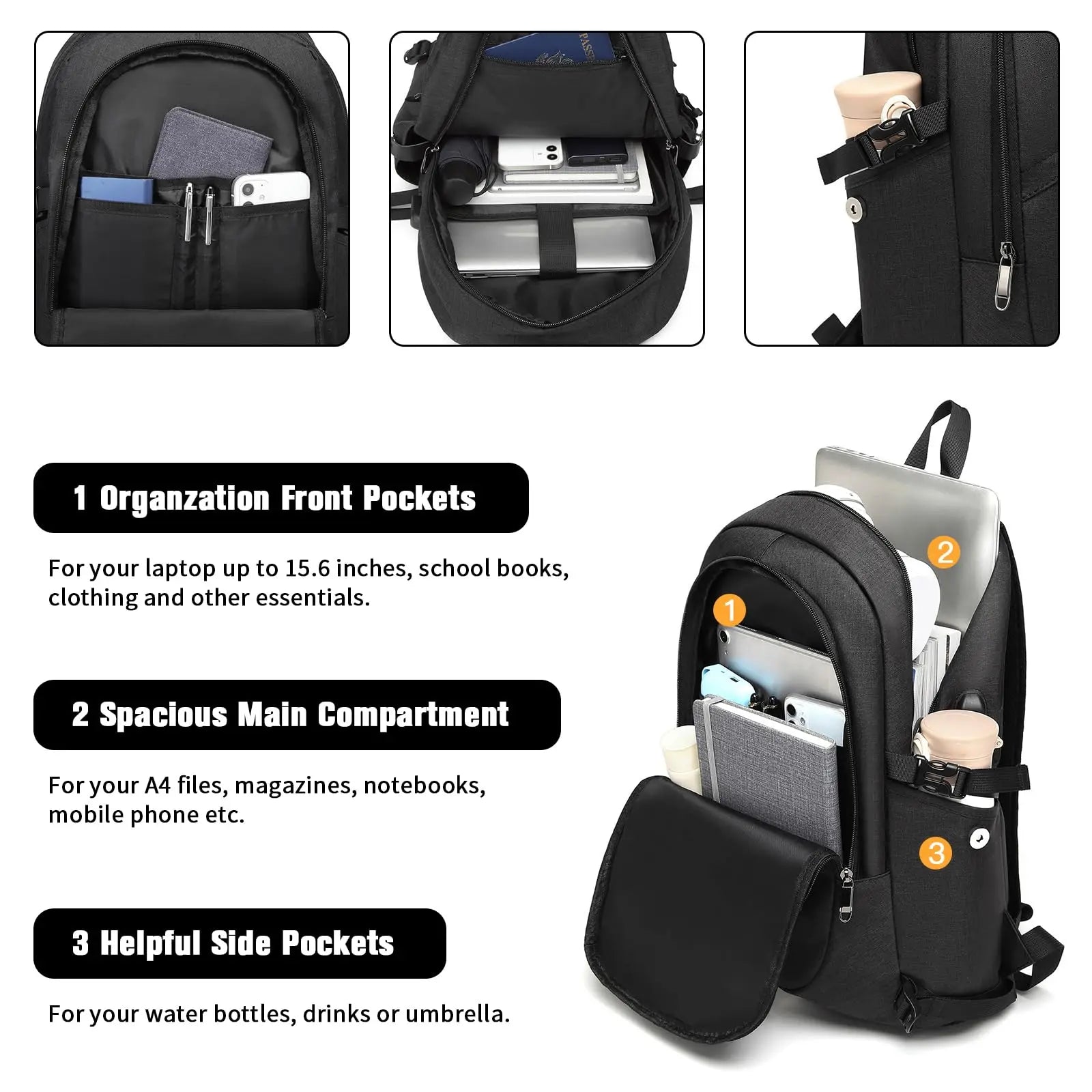 Mochila antirrobo para portátil Kono - Mochila de 15,6 pulgadas para hombre y mujer - Puerto de carga USB, ideal para viajes, negocios, trabajo y uso ligero.