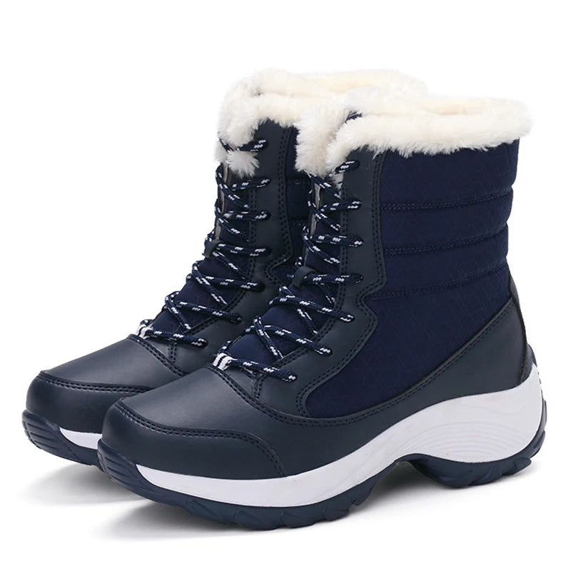 Botas de nieve para mujer, botas de plataforma antideslizantes, zapatos de invierno para mujer, botines cálidos de piel sintética hasta el muslo, botas altas con cuña impermeables