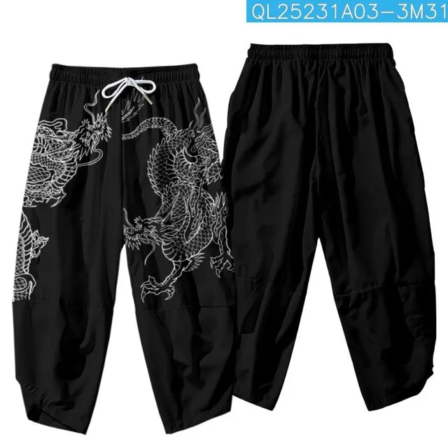 Pantalones tipo harem japoneses para hombre, negros, con estampado de dragón chino de dibujos animados, cintura elástica, estilo kimono, cortos, estilo urbano