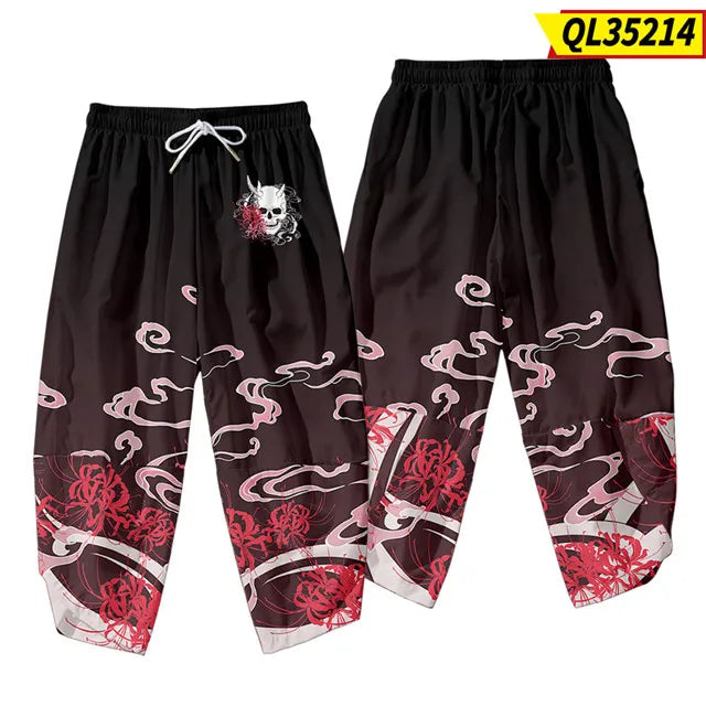 Pantalones tipo harem japoneses para hombre, negros, con estampado de dragón chino de dibujos animados, cintura elástica, estilo kimono, cortos, estilo urbano