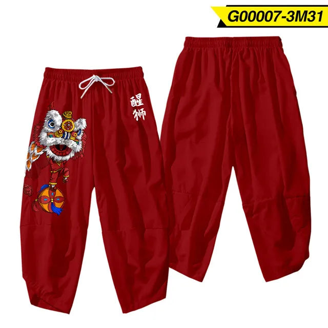 Pantalones tipo harem japoneses para hombre, negros, con estampado de dragón chino de dibujos animados, cintura elástica, estilo kimono, cortos, estilo urbano