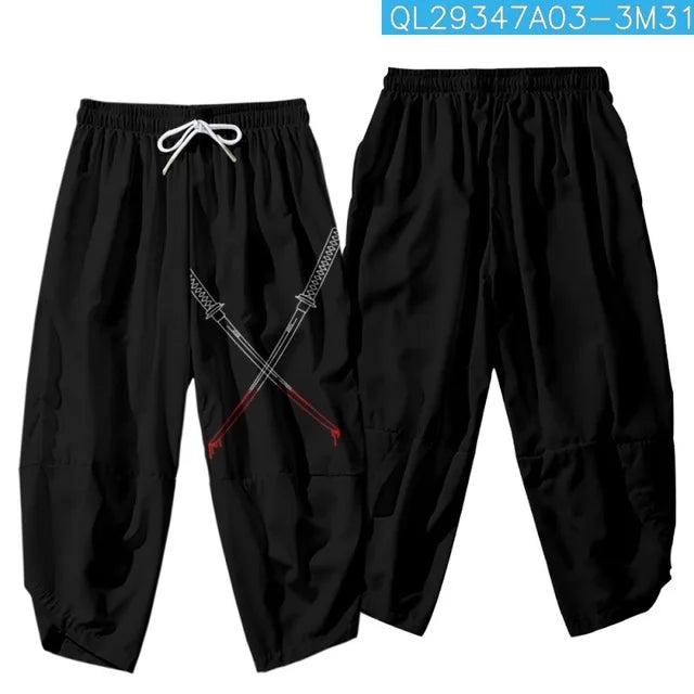 Pantalones tipo harem japoneses para hombre, negros, con estampado de dragón chino de dibujos animados, cintura elástica, estilo kimono, cortos, estilo urbano