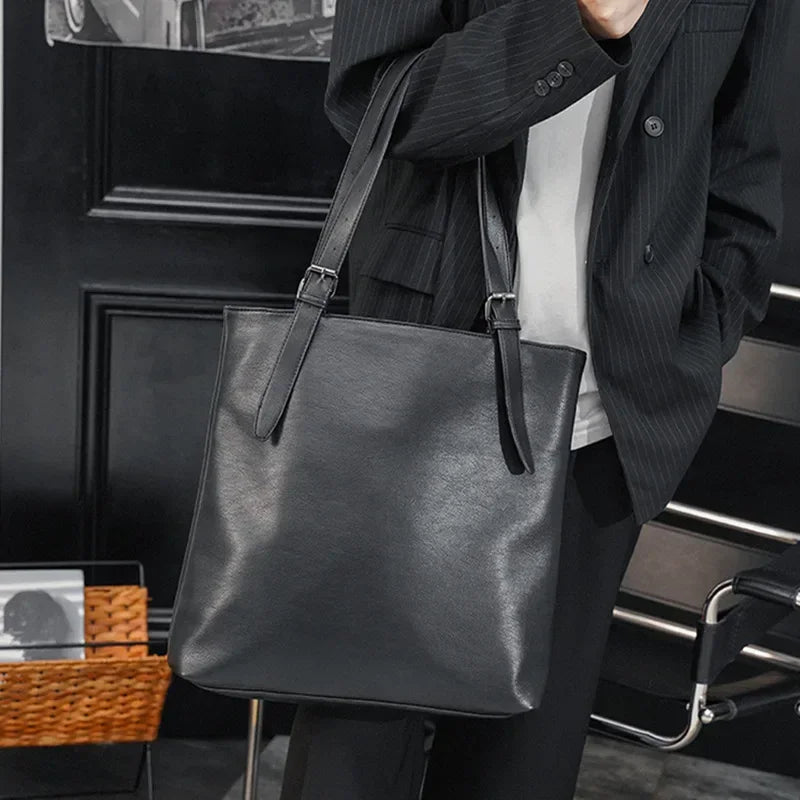 Bolso tote de piel suave para hombre, estilo japonés y coreano, informal de negocios, bolso de mano urbano de gran capacidad con cremallera para portátil.