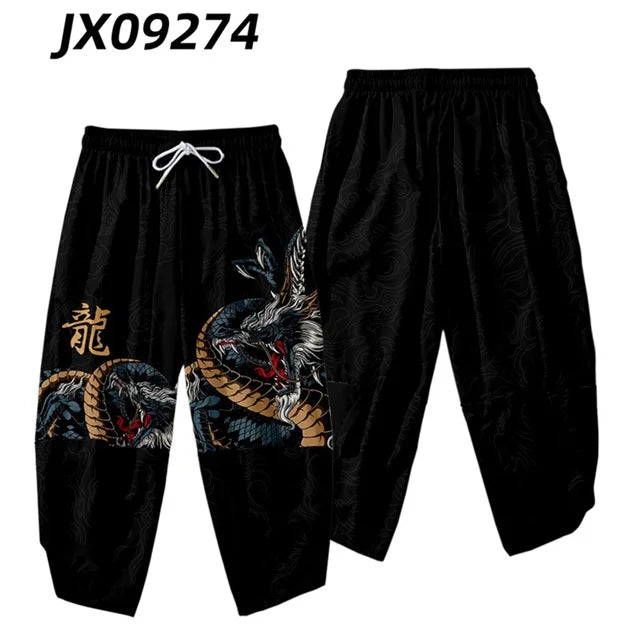 Pantalones tipo harem japoneses para hombre, negros, con estampado de dragón chino de dibujos animados, cintura elástica, estilo kimono, cortos, estilo urbano
