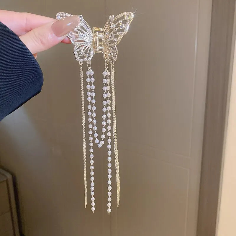 Pinza para el cabello con forma de mariposa y borla larga. Accesorios para el cabello elegantes para mujer. Horquillas con forma de tiburón, con perlas de imitación y diamantes de imitación.