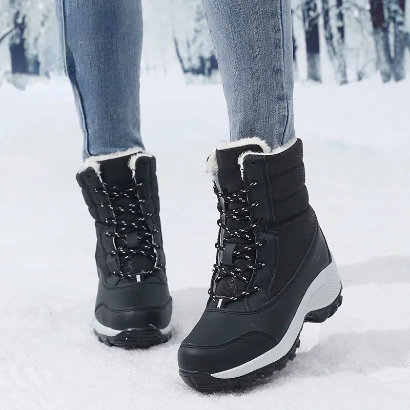 Botas de nieve para mujer, botas de plataforma antideslizantes, zapatos de invierno para mujer, botines cálidos de piel sintética hasta el muslo, botas altas con cuña impermeables