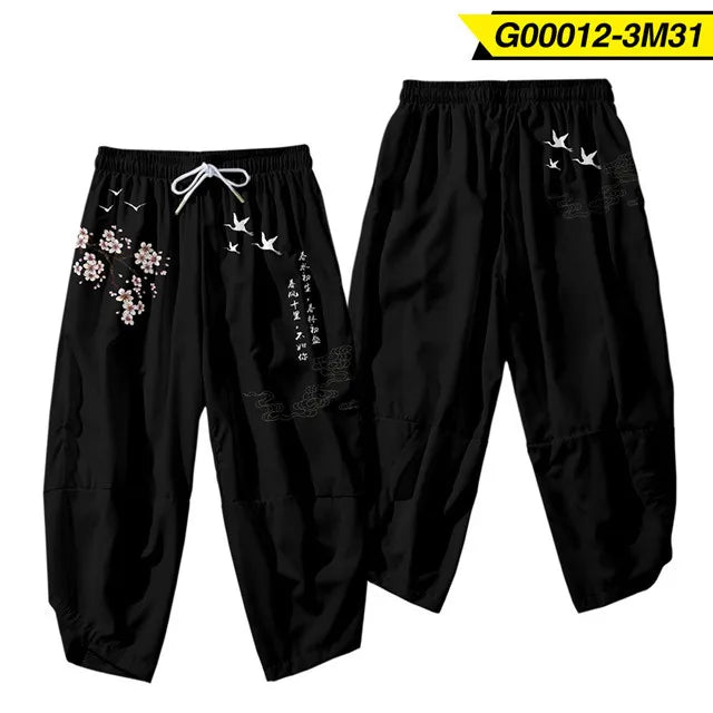 Pantalones tipo harem japoneses para hombre, negros, con estampado de dragón chino de dibujos animados, cintura elástica, estilo kimono, cortos, estilo urbano
