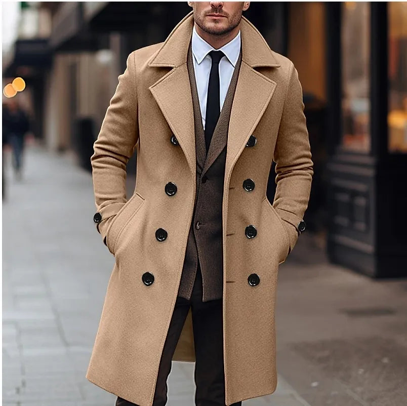 Abrigo de lana para hombre, estilo otoño-invierno, de corte clásico y elegante, con doble botonadura. Gabardina larga de lana, estilo inglés.