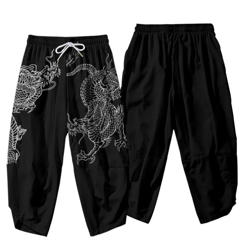 Pantalones tipo harem japoneses para hombre, negros, con estampado de dragón chino de dibujos animados, cintura elástica, estilo kimono, cortos, estilo urbano