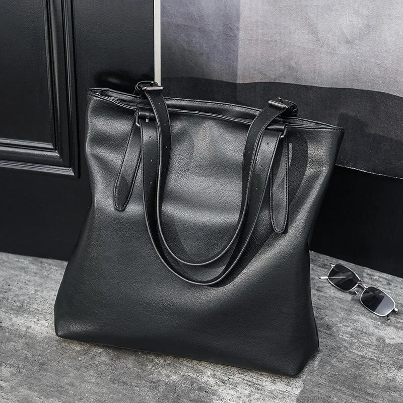 Bolso tote de piel suave para hombre, estilo japonés y coreano, informal de negocios, bolso de mano urbano de gran capacidad con cremallera para portátil.