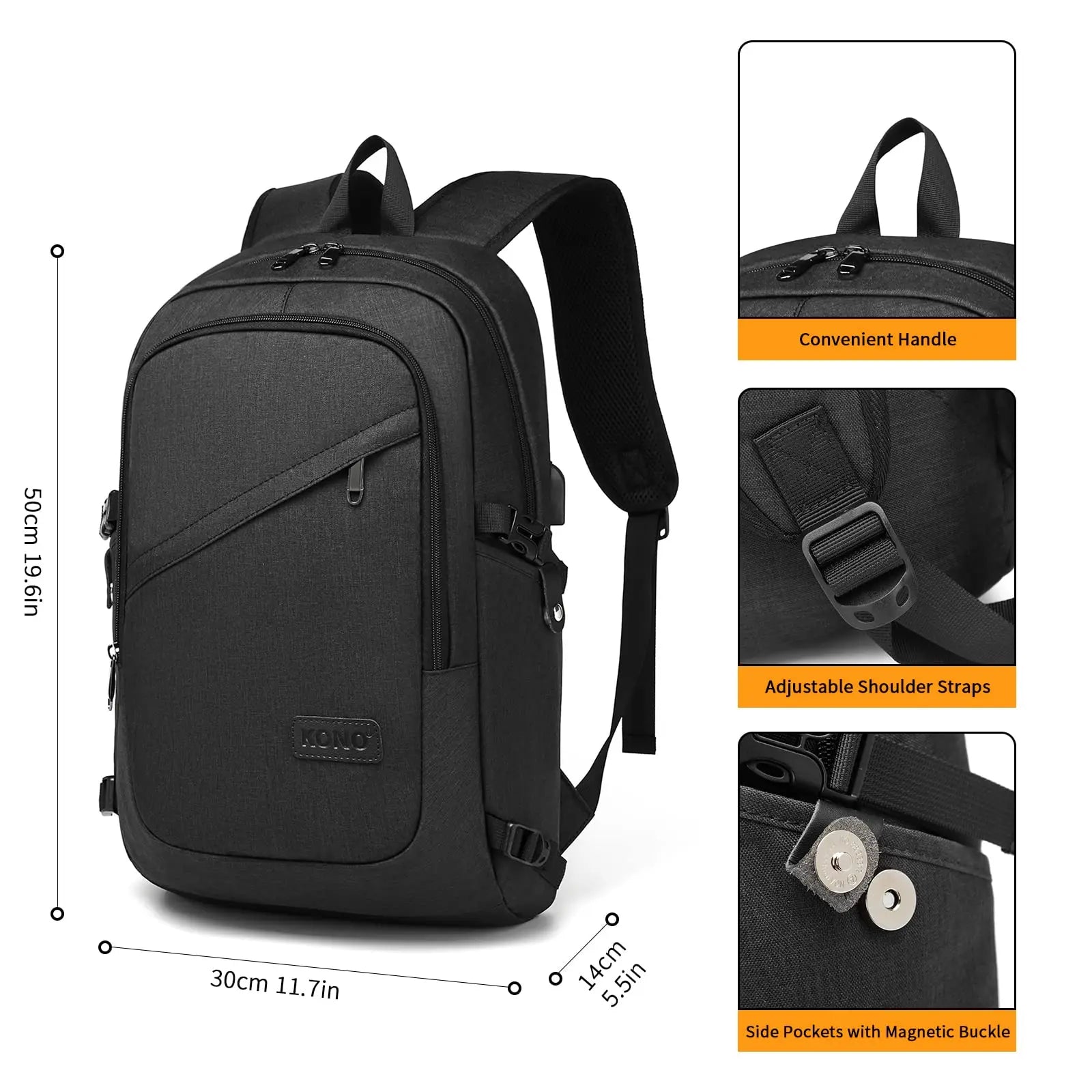 Mochila antirrobo para portátil Kono - Mochila de 15,6 pulgadas para hombre y mujer - Puerto de carga USB, ideal para viajes, negocios, trabajo y uso ligero.