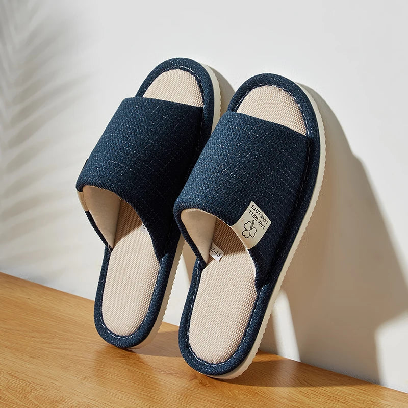 Pantuflas de lino para hombre, ideales para primavera y otoño. Cómodas pantuflas transpirables con punta abierta para estar en casa. Calzado unisex de verano.