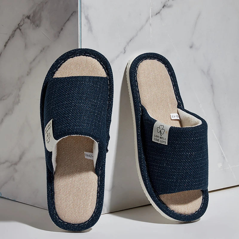 Pantuflas de lino para hombre, ideales para primavera y otoño. Cómodas pantuflas transpirables con punta abierta para estar en casa. Calzado unisex de verano.