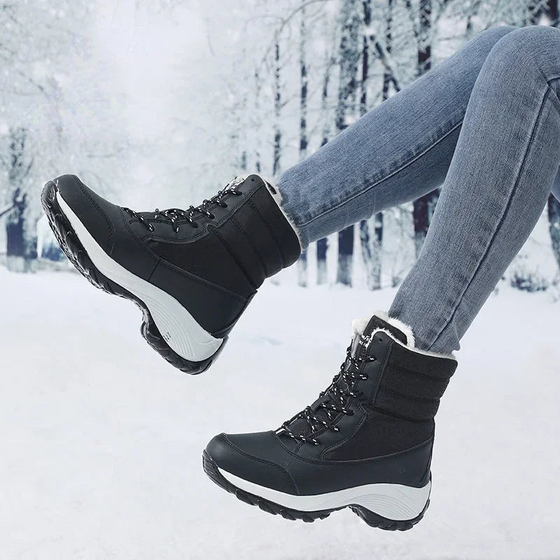 Botas de nieve para mujer, botas de plataforma antideslizantes, zapatos de invierno para mujer, botines cálidos de piel sintética hasta el muslo, botas altas con cuña impermeables