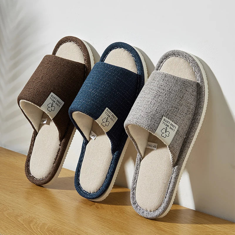 Pantuflas de lino para hombre, ideales para primavera y otoño. Cómodas pantuflas transpirables con punta abierta para estar en casa. Calzado unisex de verano.