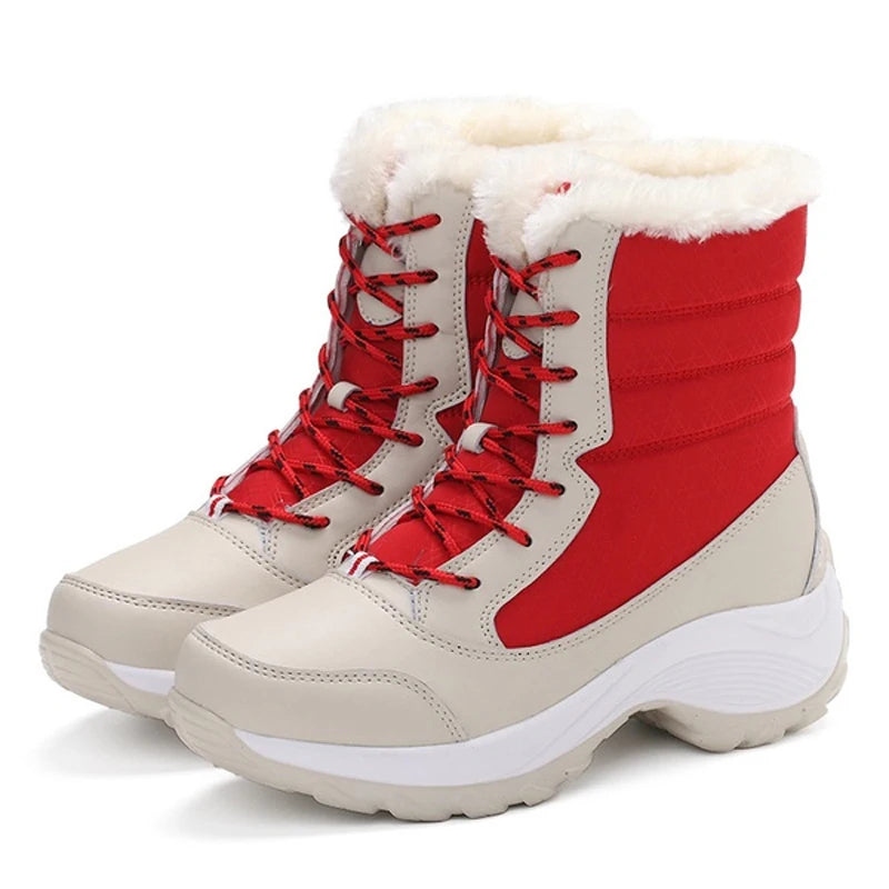 Botas de nieve para mujer, botas de plataforma antideslizantes, zapatos de invierno para mujer, botines cálidos de piel sintética hasta el muslo, botas altas con cuña impermeables