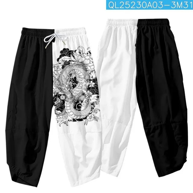 Pantalones tipo harem japoneses para hombre, negros, con estampado de dragón chino de dibujos animados, cintura elástica, estilo kimono, cortos, estilo urbano