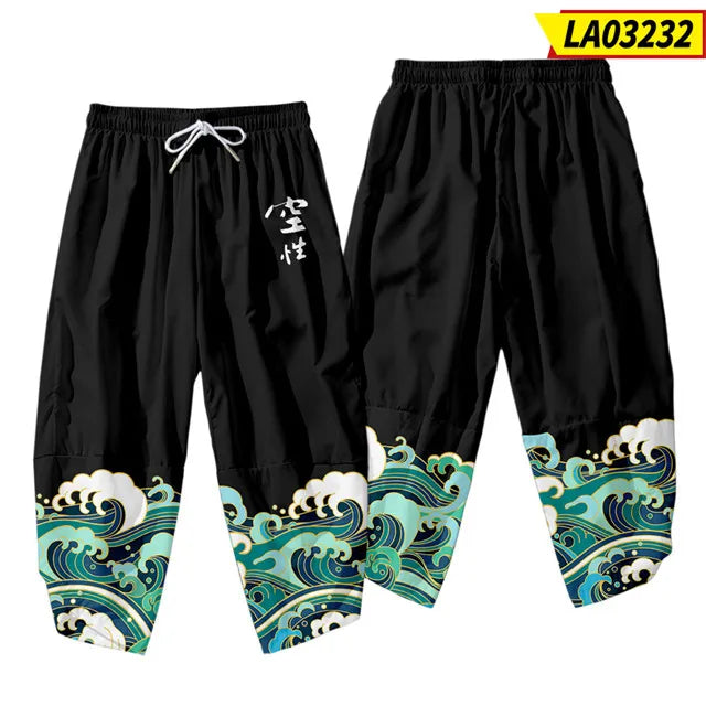 Pantalones tipo harem japoneses para hombre, negros, con estampado de dragón chino de dibujos animados, cintura elástica, estilo kimono, cortos, estilo urbano