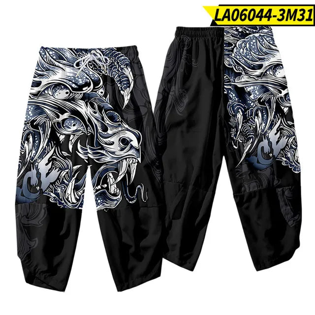 Pantalones tipo harem japoneses para hombre, negros, con estampado de dragón chino de dibujos animados, cintura elástica, estilo kimono, cortos, estilo urbano