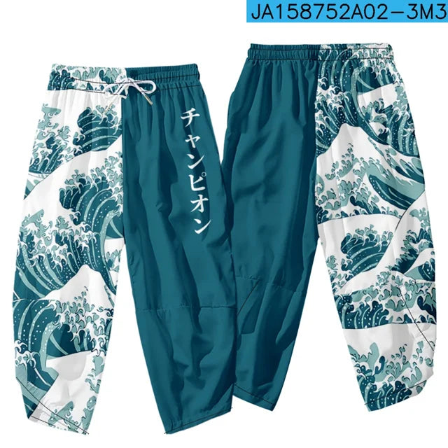 Pantalones tipo harem japoneses para hombre, negros, con estampado de dragón chino de dibujos animados, cintura elástica, estilo kimono, cortos, estilo urbano