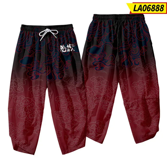 Pantalones tipo harem japoneses para hombre, negros, con estampado de dragón chino de dibujos animados, cintura elástica, estilo kimono, cortos, estilo urbano