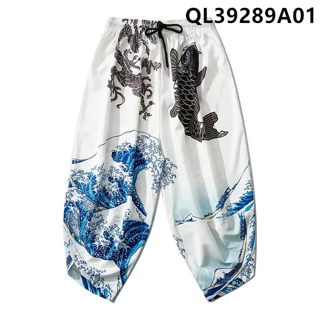 Pantalones tipo harem japoneses para hombre, negros, con estampado de dragón chino de dibujos animados, cintura elástica, estilo kimono, cortos, estilo urbano